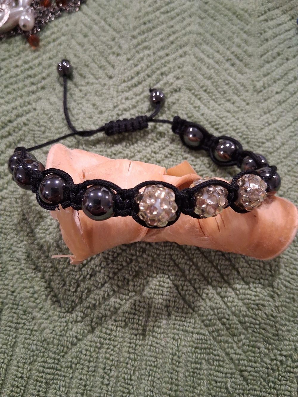 Black Beaded Shamballa-Style Bracelet with Crystal Accents Cord Adjustable
